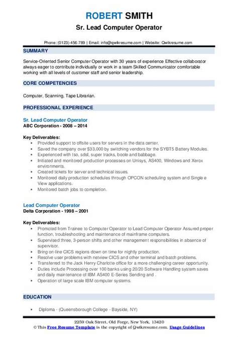 Lead Computer Operator Resume Samples Qwikresume