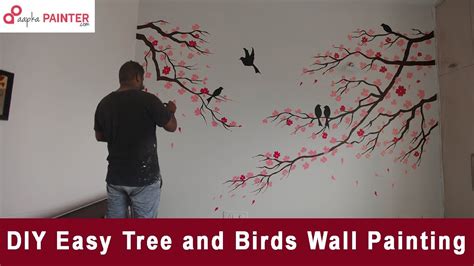 Diy Easy Tree And Birds Wall Painting Tree Wall Painting Simple And Easy Wall Painting Idea