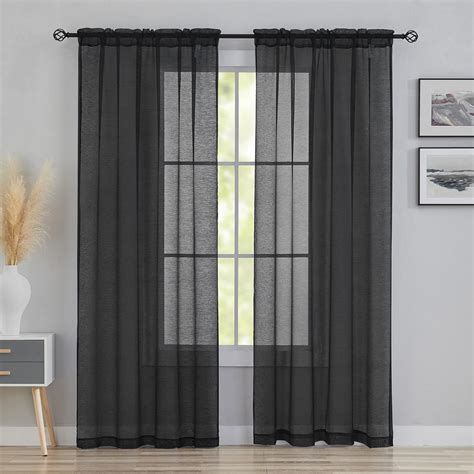 Inches Long Black Sheer Curtains Rod Pocket Window Treatments Faux