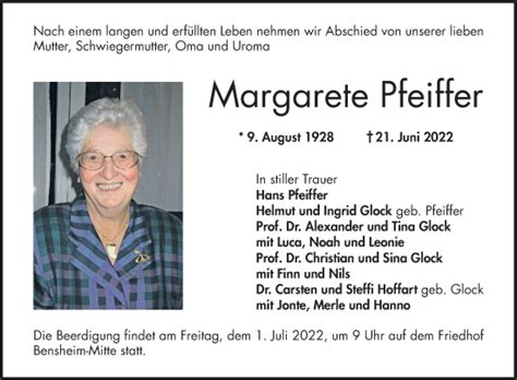 Traueranzeigen Von Margarete Pfeiffer Trauerportal Ihrer Tageszeitung