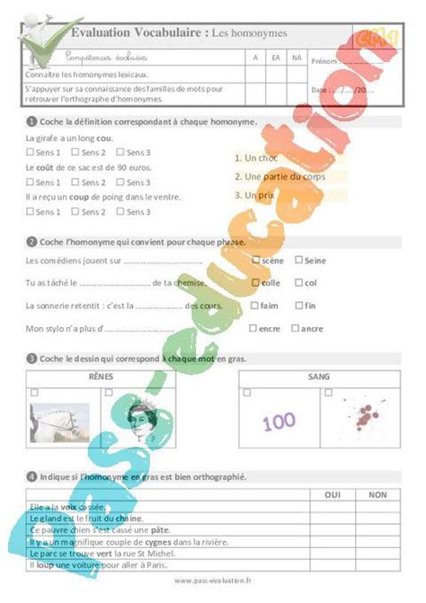 Les homonymes au CM1 Evaluation QCM Quiz PDF à imprimer par Pass