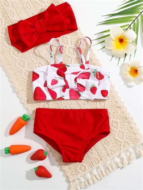 Baby Strawberry Print Bow Bikini Swimsuit Headband