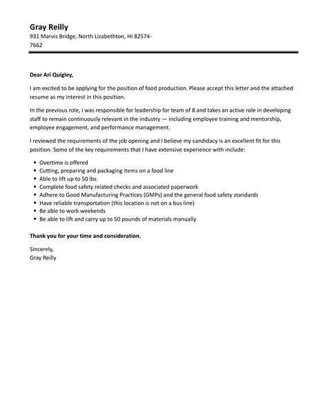 Food Production Cover Letter Velvet Jobs