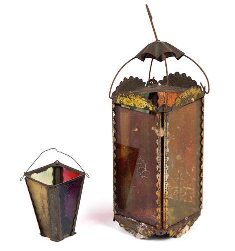 ASSORTED VICTORIAN SHEET-IRON / TIN AND STAINED PANE CANDLE LANTERNS, LOT OF TWO sold at auction ...