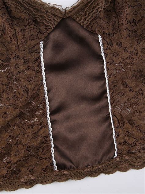 Emmiol Free Shipping 2023 Lace Paneled Satin Crop Cami Top Brown S In