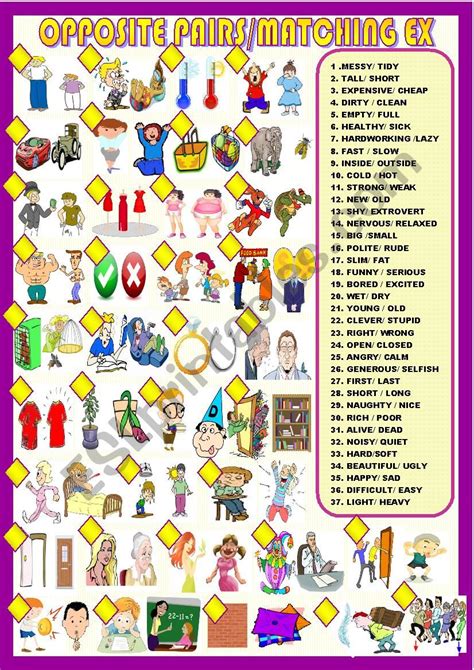 Opposite Adjectives New Matching Of 37 Pairs Esl Worksheet By Spied