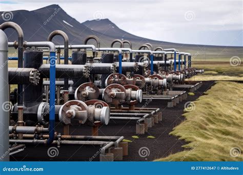 Close Up Of Geothermal Energy Conversion System With Pipes And Valves Visible Stock