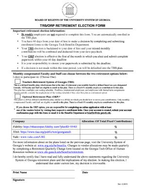 Fillable Online Ohr Gatech Trs Orp Retirement Election Form Fax Email