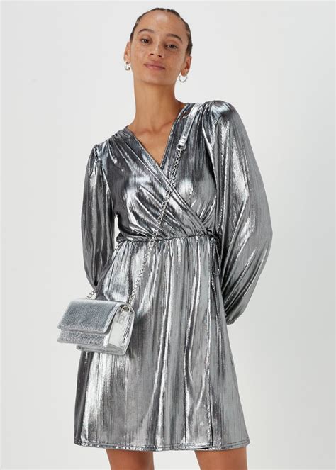 Silver Metallic Plisse Wrap Mini Dress Matalan