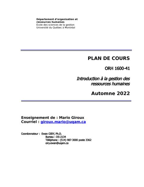 Plan De Cours GRH UQAM Gr 41 Aut 2022 PLAN DE COURS ORH 1600 41