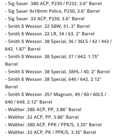 Bianchi Holster Chart