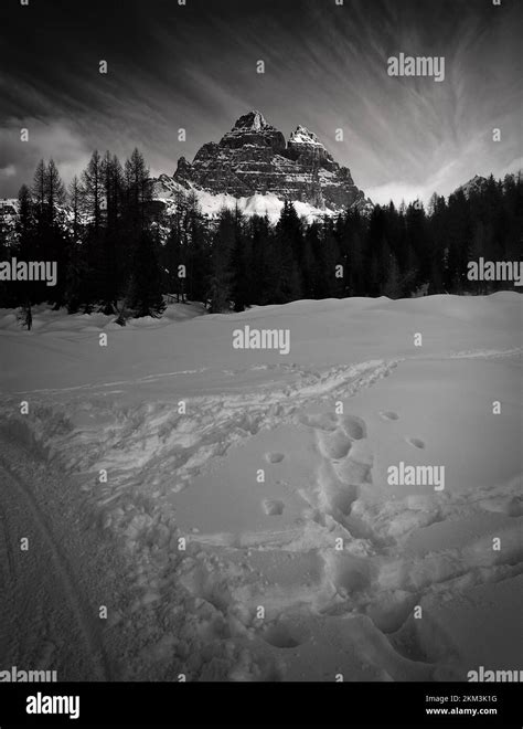 three peaks of Lavaredo with snow in winter season Stock Photo - Alamy