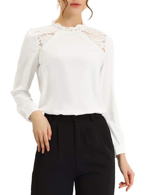 Allegra K Womens Elegant Stand Collar Long Sleeve Lace Panel Blouse