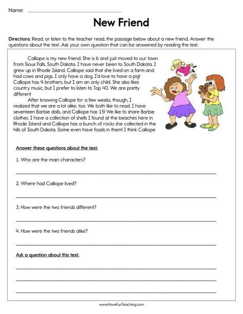 New Friend Reading Comprehension Worksheet Reading Comprehension