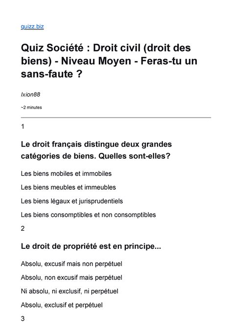 Qcm droit des biens quizz Quiz Société Droit civil droit des biens