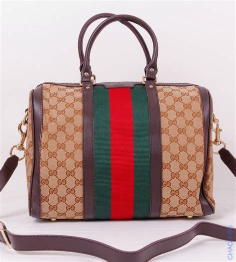 Сумка Gucci Bowling bag коричневая с зелено-красной тканевой вставкой ...