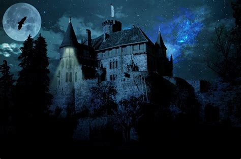 A haunted castle on a full moon night HD Wallpaper