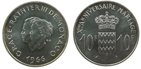 Monaco 10 Francs 1966 Ag Rainer III 10 Hochzeitstag Unz MA Shops