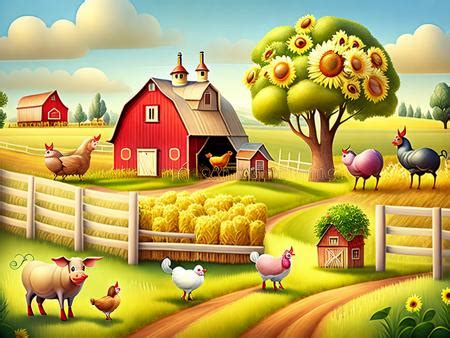 A painting of farm animals and a barn Image & Design ID 0000162353 - SmileTemplates.com