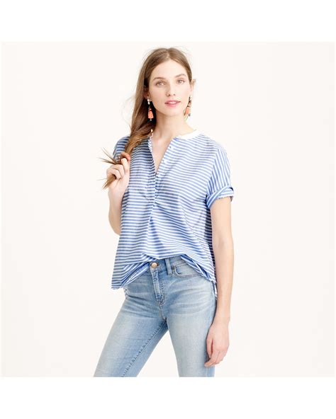 J Crew Collarless Short Sleeve Popover Shirt In Stripe In Blue Lyst