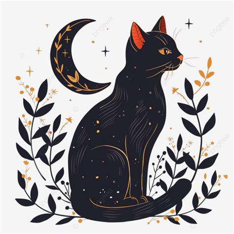 Black Cat With Plants Moon Stars Boho Mystical Celestial Clipart Cat