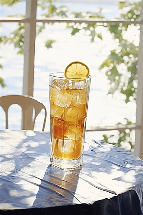 A Glass Of Ice Tea With Lemon Slices On The Side Background Wallpaper