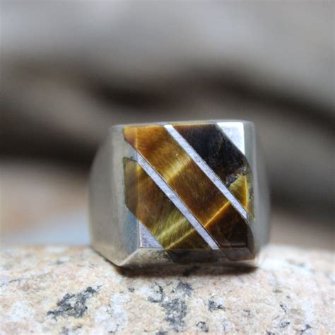 Sterling Mexico Large Tigers Eye Ring Mens Ring Heavy Grams Size