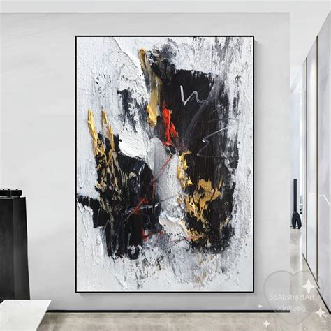 Large Black And White Abstract Oil Painting Black White Wall Art Gold