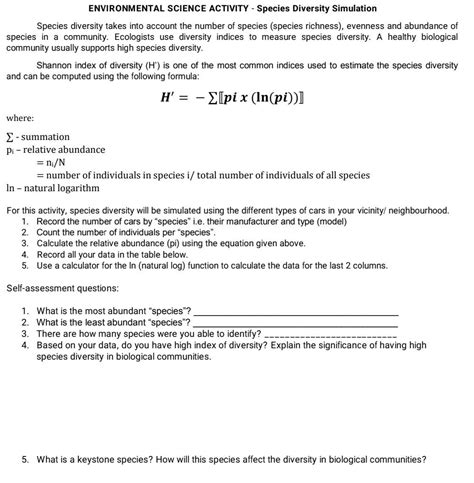 Solved ENVIRONMENTAL SCIENCE ACTIVITY Species Diversity Chegg