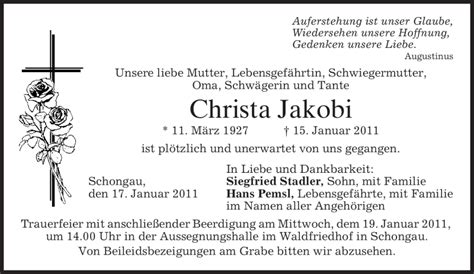 Traueranzeigen Von Christa Jakobi Trauer Merkur De