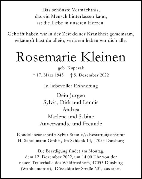 Traueranzeigen Von Rosemarie Kleinen Trauer In Nrw De