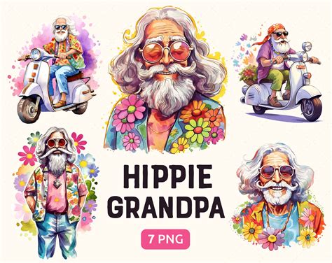 Hippie Grandpa Clipart PNG Funny Grandfather Watercolor Art Clipart