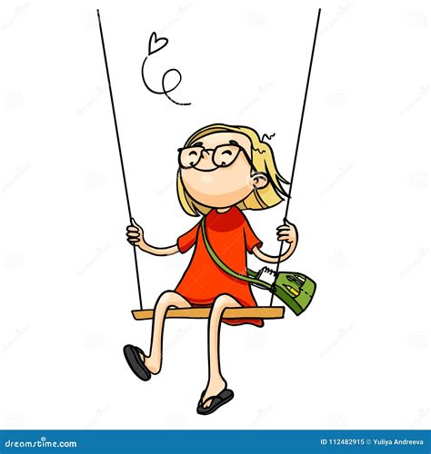 Cute Cartoon Girl Playing On A Swing Vector Isolated Hand Drawn