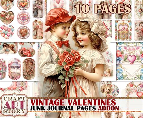 Vintage Valentines Junk Journal Kit Printable Scrapbook Digital Pages