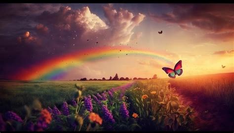 Premium AI Image A Rainbow Is In The Sky Over A Field And A Butterfly