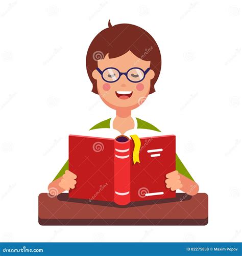 Young Boy Student Wearing Glasses Reading A Book Stock Vector