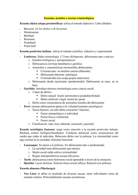 Escuelas Esquema Escuelas modelos y teorías criminológicas Escuela