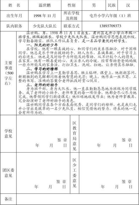 优秀少先队员申报表 范文118