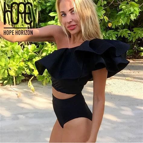 Sexy Lotus Leaf Sleeves Ruffle Bikini One Shoulder High Waist Triangle