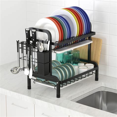 Belfry Kitchen 2 Tier Black Dish Drainer Rack Stainless Steel Dish