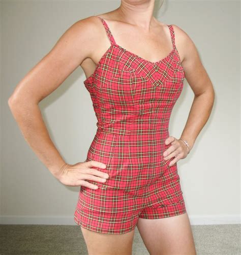 50s Vintage Jantzen Bathing Suitred Tartan Plaid Swimsuit Romper