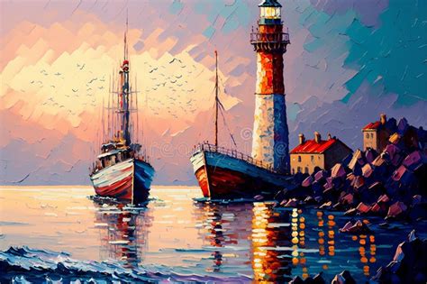 Oil Painting of a Lighthouse on the Background of the Sea and Ships ...