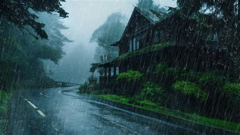 Chuva Real e Trovoadas na Estrada Enevoada à Noite Barulho de Chuva