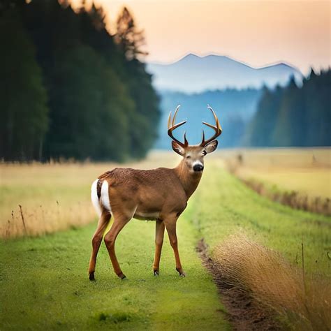 Premium Photo A Deer With A White Tusk Stands In A Field With