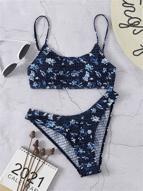 Shein Swim Vcay Random Floral Print Bikini Set Smocked Wireless Bra Top