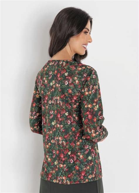 Rosalie Blusa Manga Longa Floral Verde Moda Evangélica