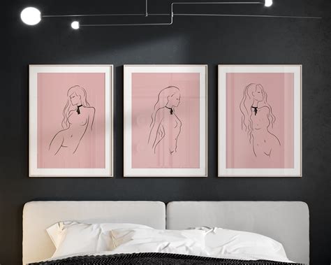 3 Piece Wall Art Minimalist Pink Nude Line Art Kinky Erotic Art Print Large Above Bed Bedroom