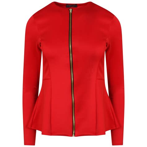 Women Ladies Zip Up Peplum Ruffle Plus Size Textured Blazer Jacket Top Ebay