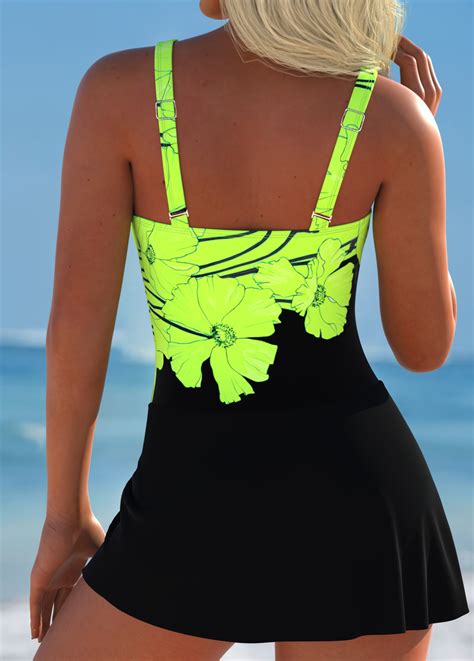 Tie Floral Print Neon Green One Piece Swimdress Modlily Usd