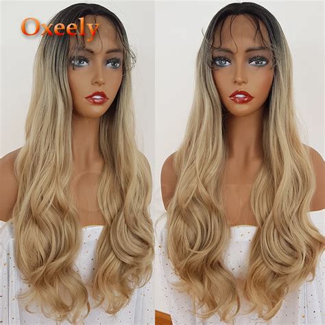 Oxeely Dark Root Blonde Body Wave Synthetic Lace Front Wig Glueless